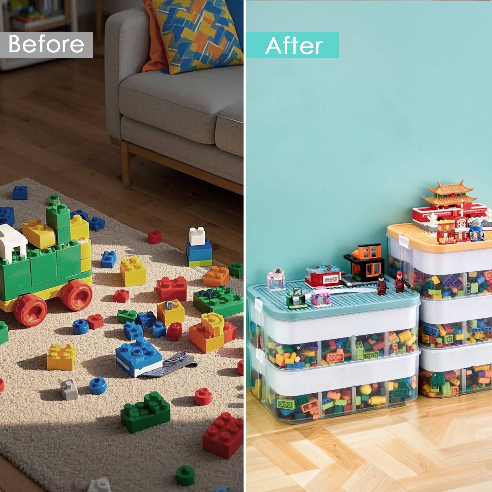 Scatole portaoggetti con coperchi per Lego, scatole portaoggetti a 3 strati per Lego, impilabili, in plastica, con scomparto trasparente per mattoncini, artigianato, verde