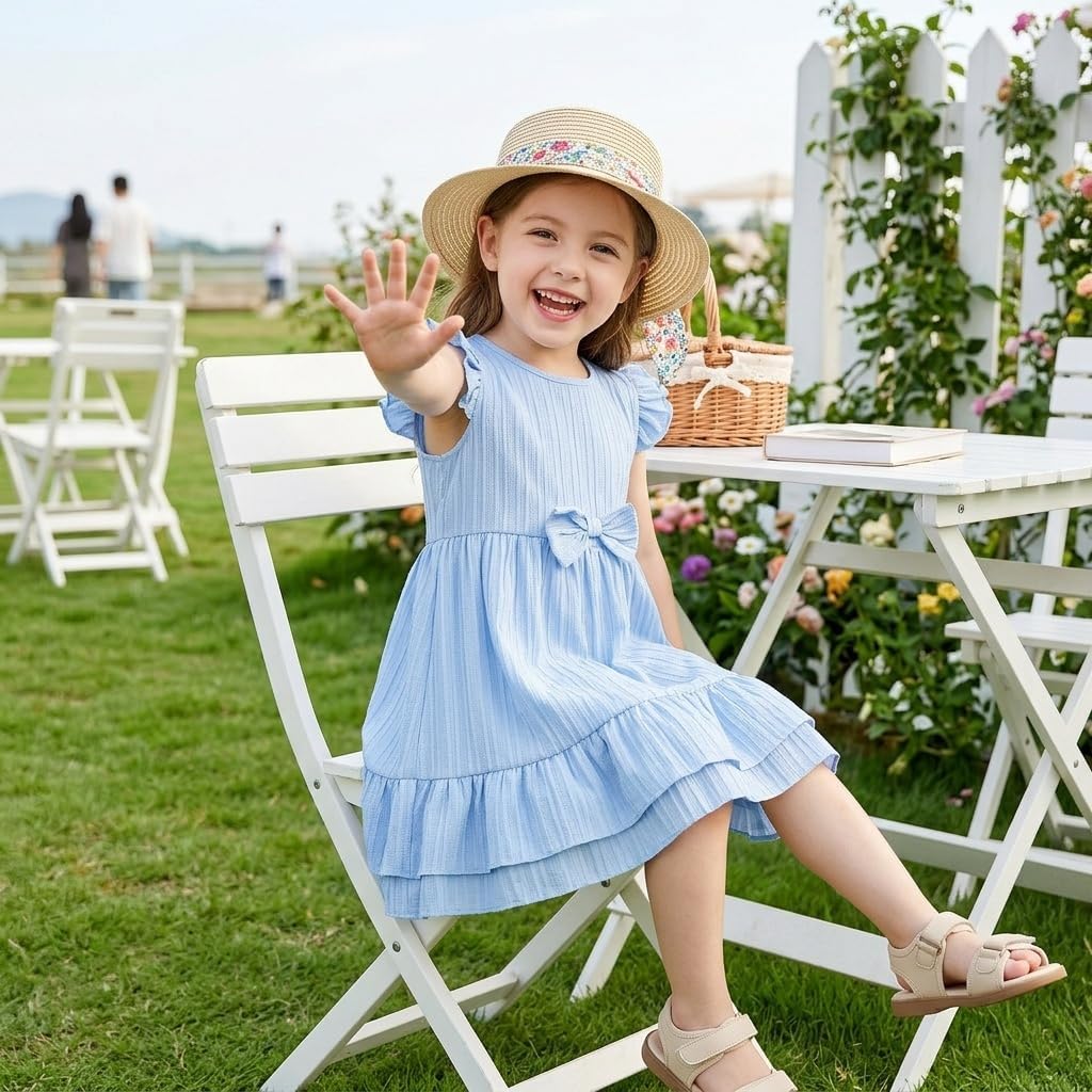 Flower Girl Dress Summer Ruffle Sleeve A-Line Bow Toddler Girls Wedding Birthday Party Dress Size 5-12Y image 2