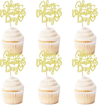 24 Pack Happy Valentines Day Cupcake Toppers Gold Valentines Day Picks for Cake Decorations Valentines Wedding Party Holiday Supplies Gold 3