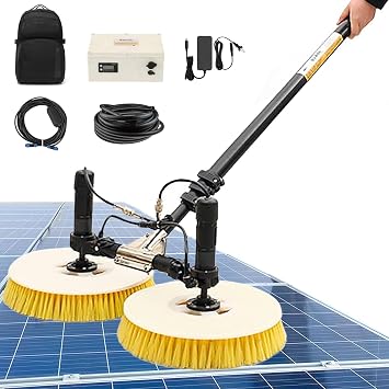Double Head Solar Panel Cleaner with Telescopic Pole & Dual PowerAC/Battery, 320RPM High Speed Brush for No-Streak Cleaning, Auto Water Feed Saves 40%, Powerful Outdoor Washing Tool,24.5ft7.5m