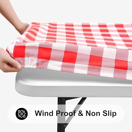 Miniatura 9 de smiry Mantel rectangular, fundas de vinilo ajustables elásticas impermeables para mesas de 6 pies, mantel de franela a cuadros para picnic,