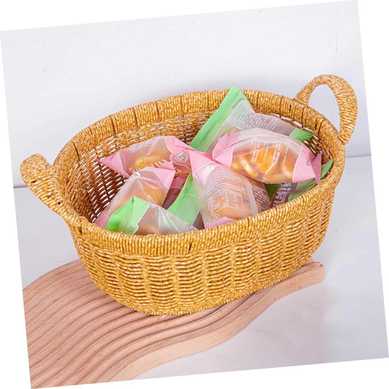 ABOOFAN Simulated Rattan Serving Tray Bread Basket with Dual Handles Large Oval Deep Wicker Fruit Snack Storage Organizer for Kitchen and Outdoor Picnic