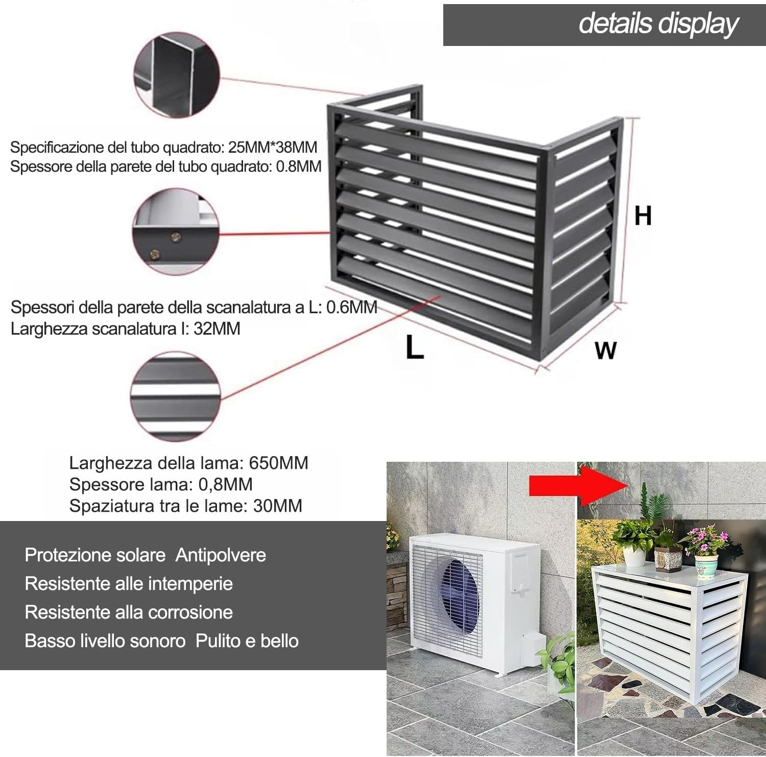 Copri Condizionatore da Esterno in Alluminio, L100*W50*H70 Copertura Protettiva - Evita Esposizione al Sole, Riduce Rumore, per Guardrail privacy balcone esterno Copertura AC in Alluminio