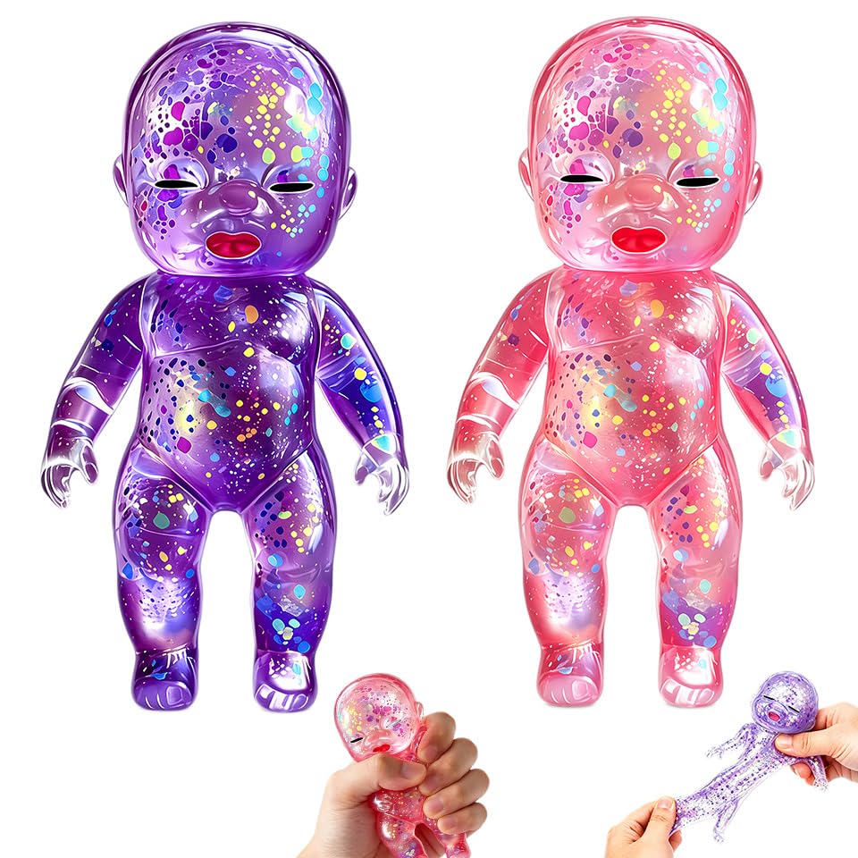 2PCS Doll Squishy Fidget Toys, Baby Squishy, Glitter Squishy Fidgets Squeeze Toys, Sugar Squishy, Slow Rising Squishies, Anxiety Relief for Adults, For Adults Kids Office Home (Purple and pink)