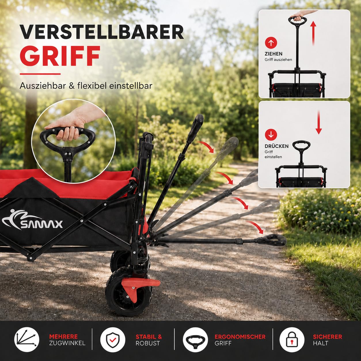 SAMAX Bollerwagen mit Dach Faltbar - Handwagen Transportwagen Gerätewagen Faltwagen - klappbar mit Bremse und Hecktasche - für alle Offroad Gelände geeignet - Schwarz/Rot