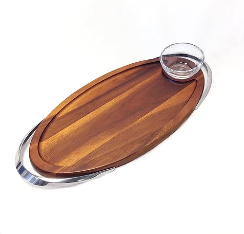 Nambe Luna Collection - Tabla de aperitivos con plato de inmersión, juego de 2 piezas, bandeja de madera de acacia, asas de aleación de metal, plato
