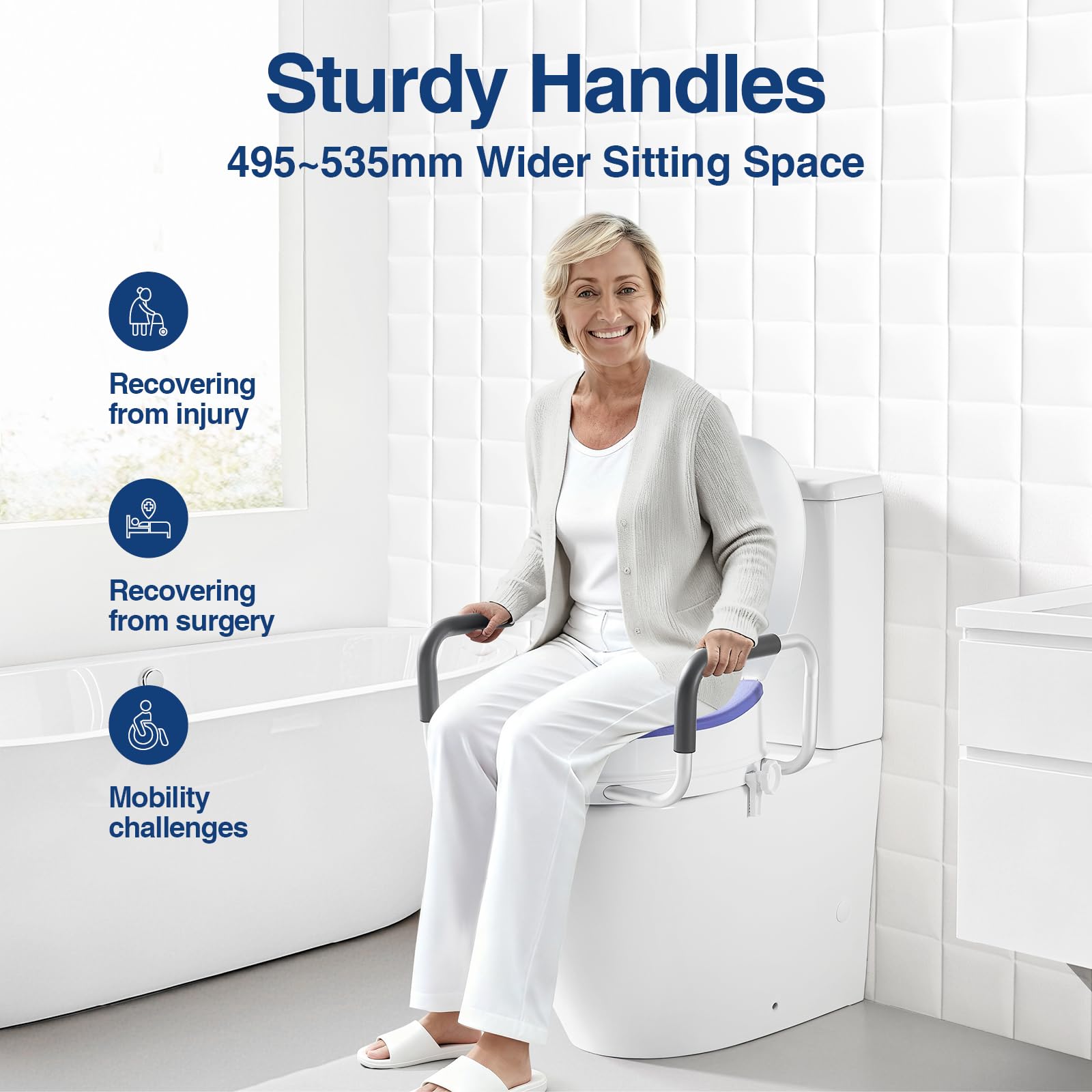 Rehausseur WC Adulte avec Accoudoirs et Couvercle, Siège de Toilette Surélevé 10 cm, Rehausseur Toilette Adulte avec Poignées Rembourrées, Charge 200 kg, Toilette Post Opératoire (N1FYT16)