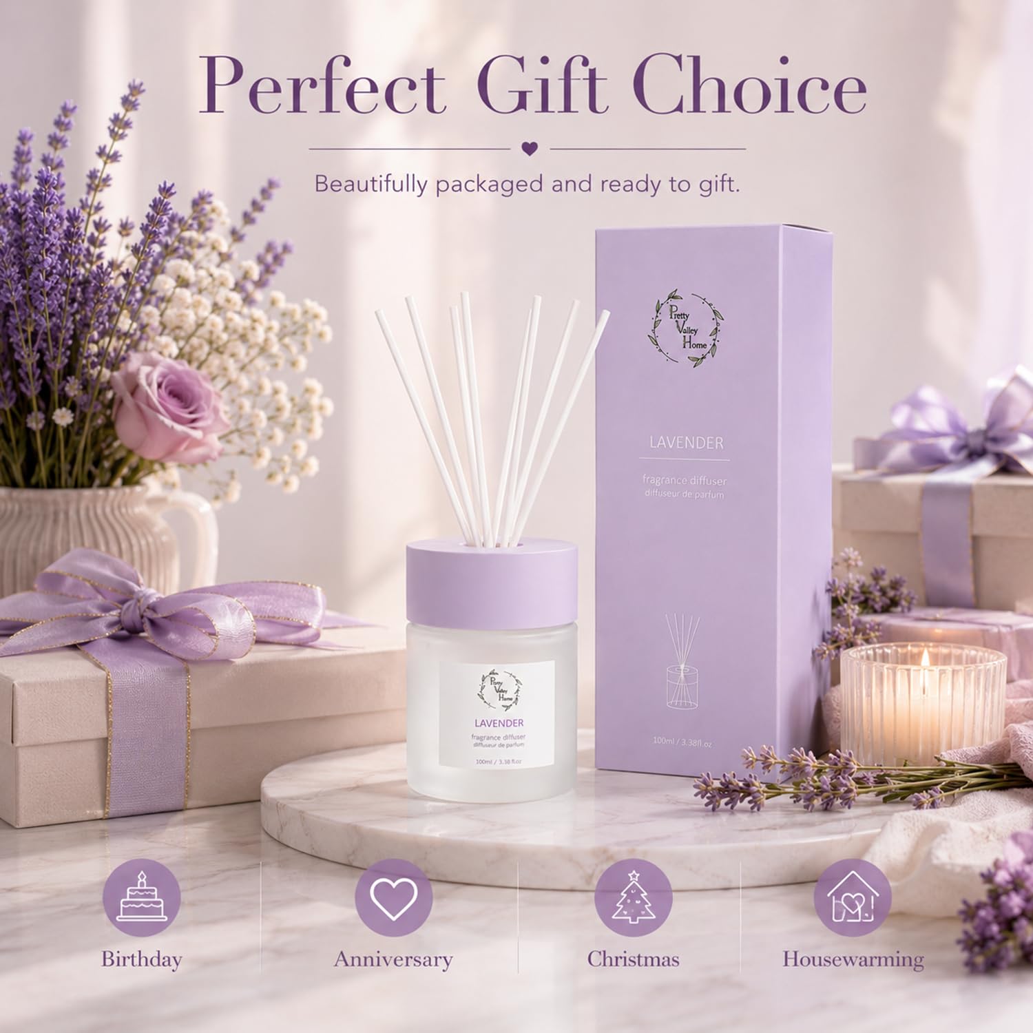 Set di diffusori a bastoncini, 100 ml, confezione regalo, include bastoncini diffusori, olio profumato e bottiglia di vetro, per bagno, ufficio, soggiorno (lavanda)