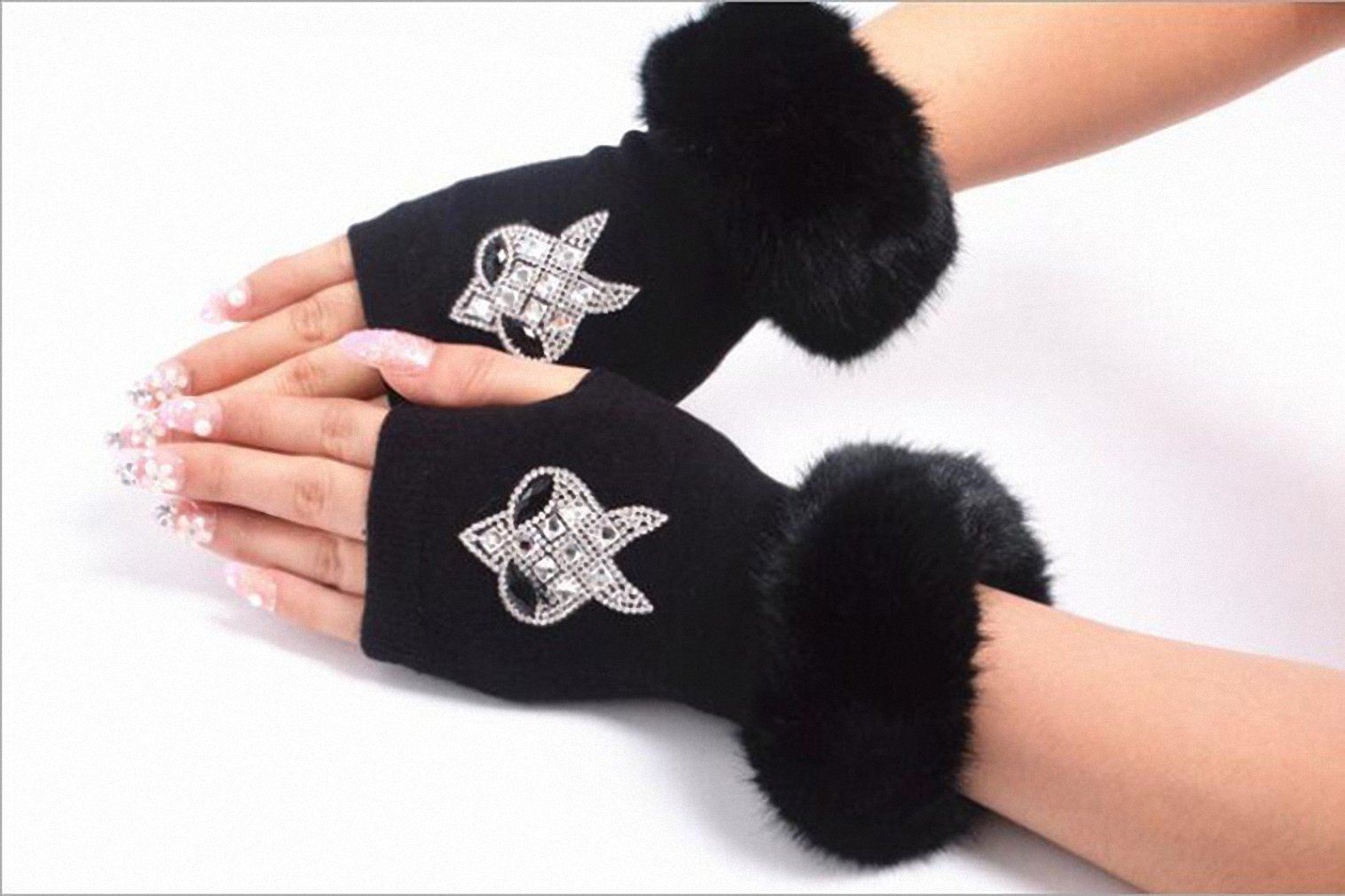 Hiuwa Women Cartoon Animals Fox Fingerless Dance Gloves Winter Warm Short Plush Diamonds Sequins Skull Fingerless Knitted Gloves