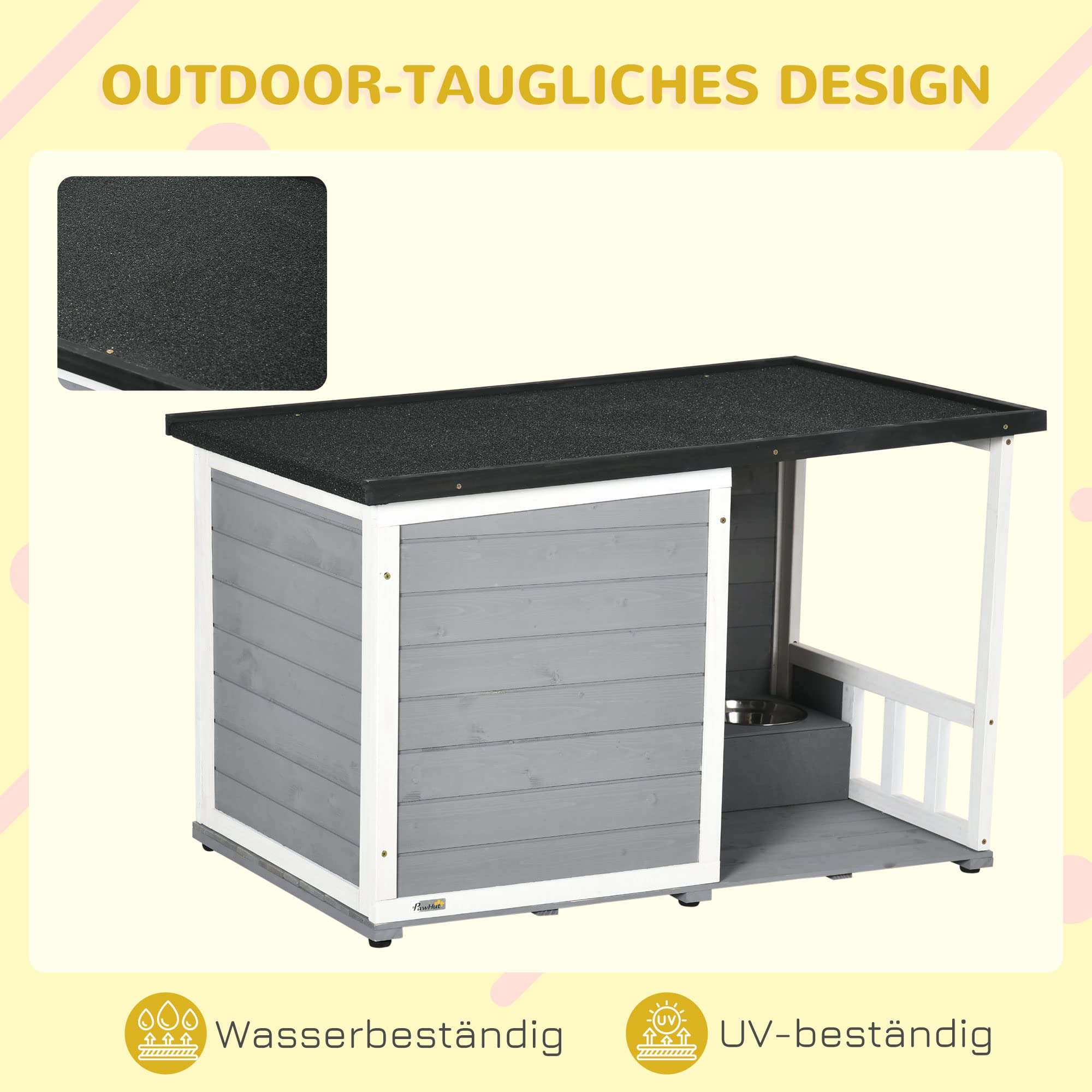 PawHut Hundehütte aus Holz, Hundehaus mit 2 Schüsseln, Terrasse, Outdoor Hundehaus Kleintierhaus für kleine Hunde mit Asphaltdach, für Draußen, Wetterbeständig, Grau, 103 x 62 x 60-66 cm