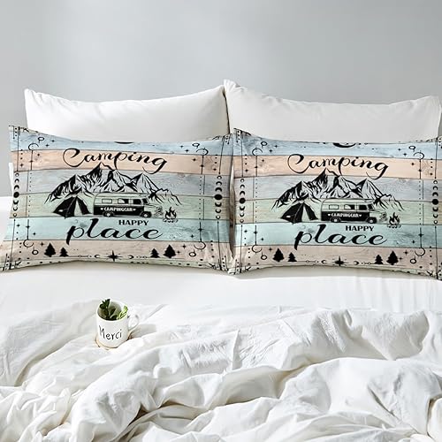 Vista 66 de Camper Decor Sábanas de cama Happy Camping, sábana bajera ajustable de campamento con juego de cama de montaña, juego de cama de verano para Multi 04