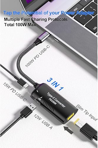 Miniatura 2 de PLUSPOE Adaptador USB C a punta delgada, PD3.0 carga rápida multipuerto para Lenovo Thinkpad, MacBook, Chromebook