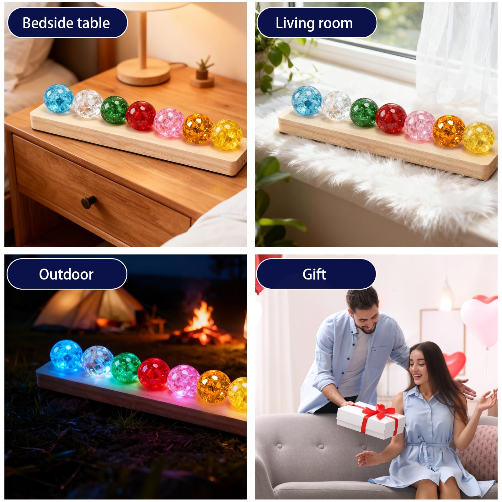 Kryształowa kula nocna 3D, 7 kolorowych szklanych kryształowych kul z drewnianą podstawą LED, 40 mm, kryształowe kule lodowe, kula lecznicza, szklana kula, kryształowa kula, lampka nocna, ornament