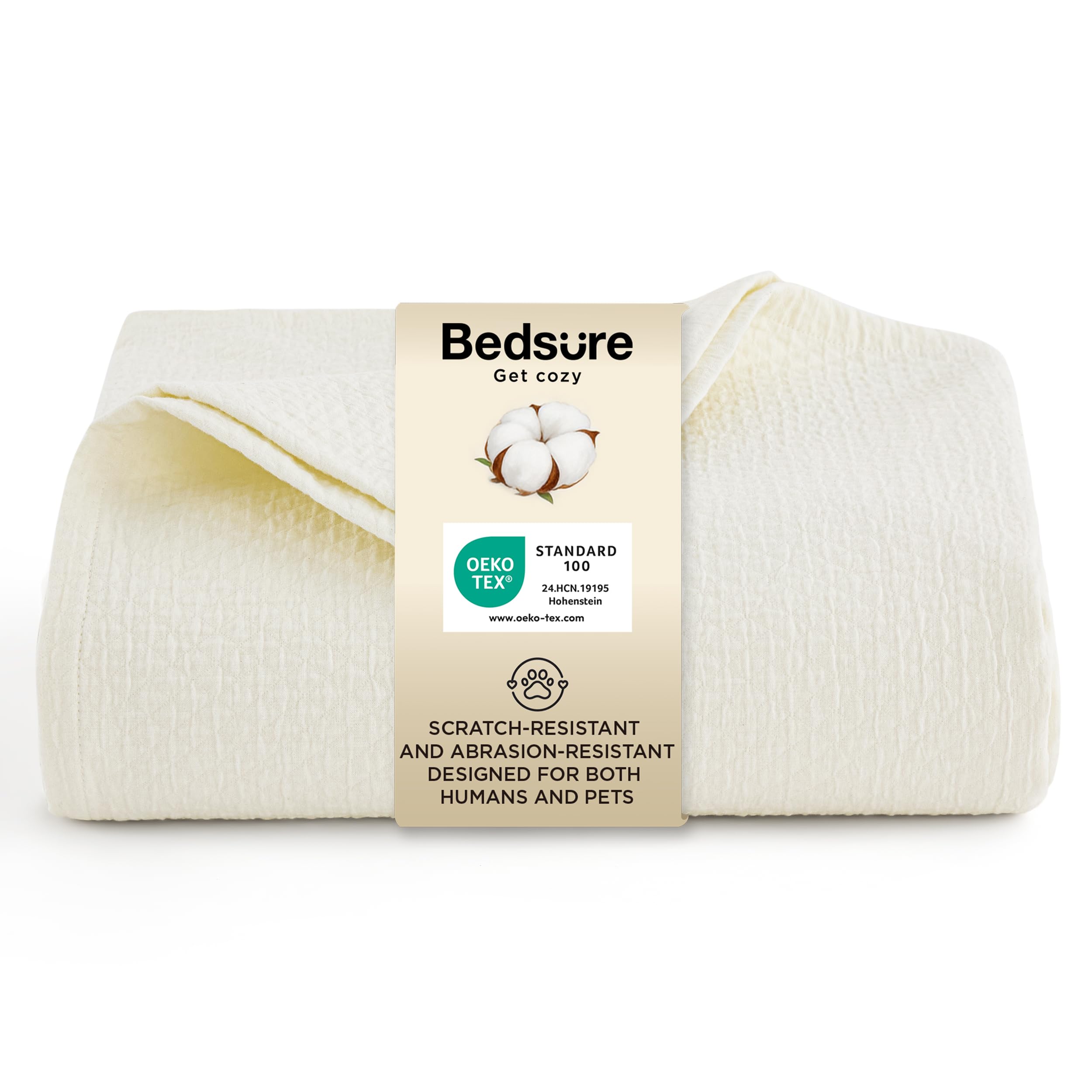 Bedsure 100% Cotton Sofa Pet Blanket - Twin/Double Size Anti Scratch Throws for Pet Sofa Bed, Double-Layer Breathable Lightweight Summer Quilted Bedspreads Coverlet Protector Decor, Cream 150x200cm