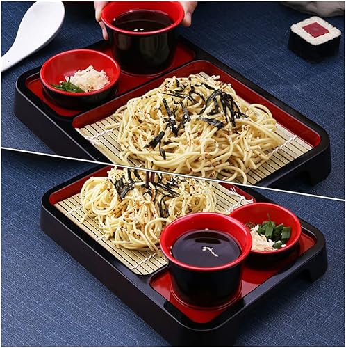 Miniatura 3 de Hemoton Bandeja para pizza, 1 juego de platos de fideos japoneses con taza de inmersión, tapete de drenaje lacado para servir sushi para el hogar,
