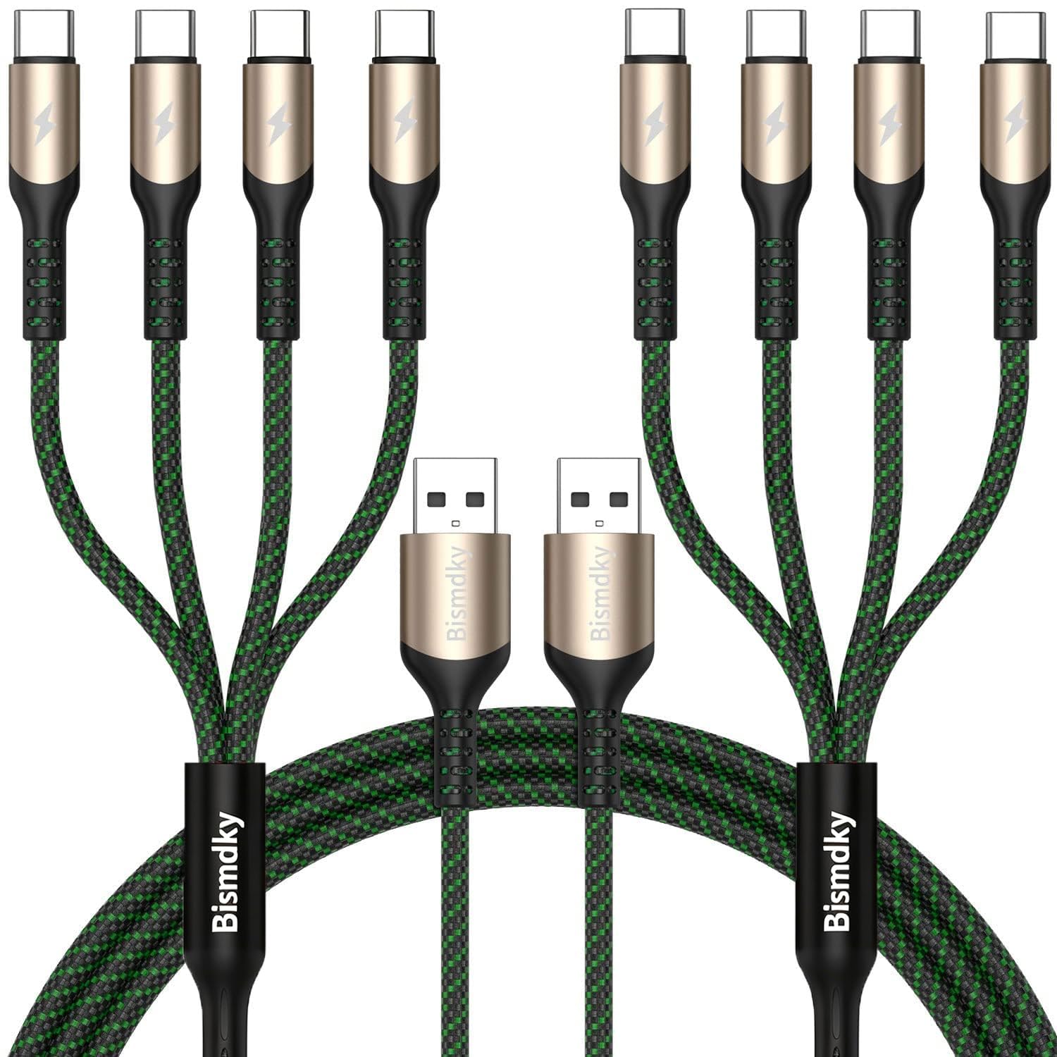 Confezione da 2 cavi di ricarica multipli da 1,2 m, cavo splitter USB C, 4 in 1, ricarica rapida QC3.0, in nylon intrecciato, con 4 cavi di tipo C, per iPhone 15 Pro Max/Android e tablet (cavo