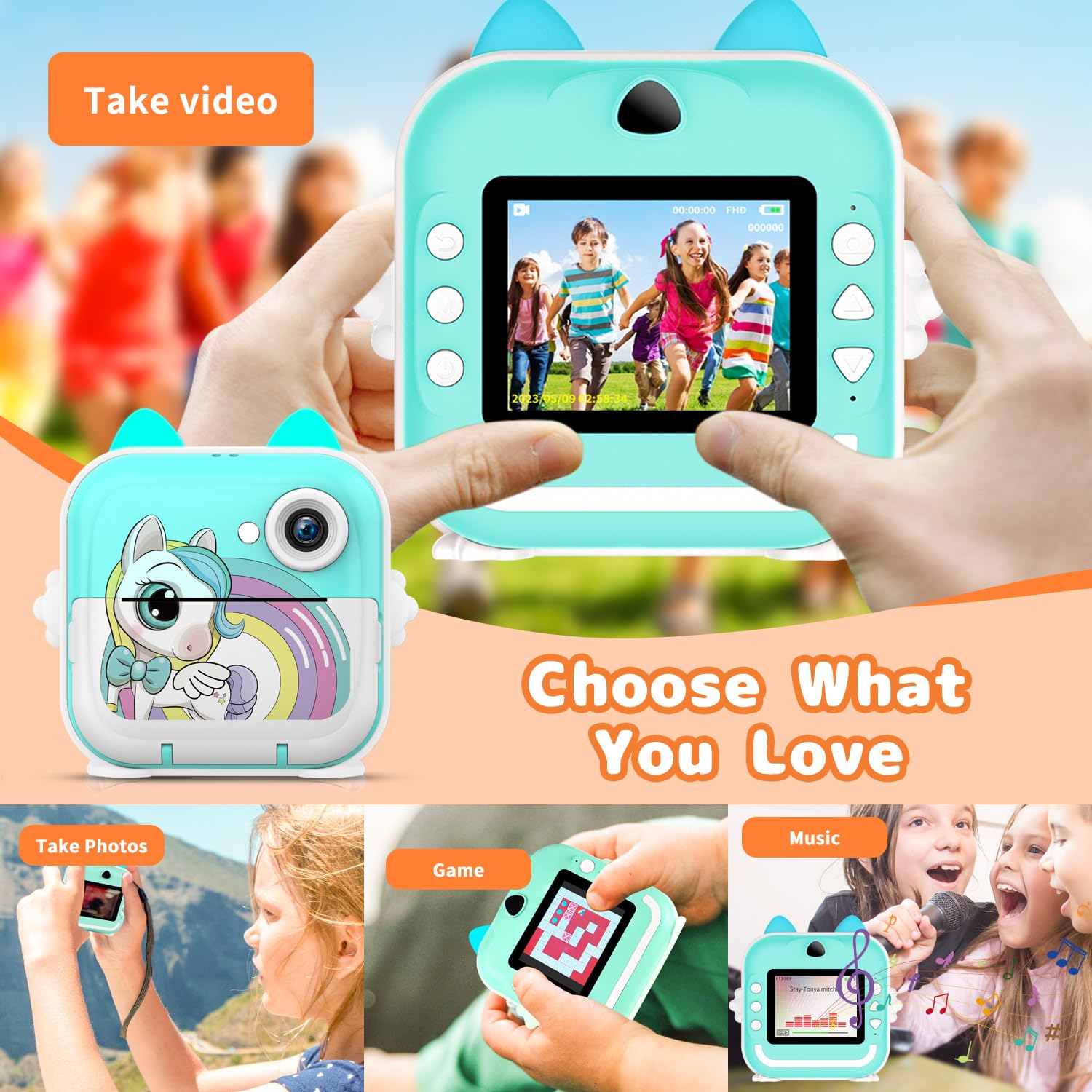 Macchina Fotografica Istantanea per Bambini,2,4 Pollici Digitale Fotocamera Instant Print 1080P HD Videocamera Obiettivo Fotocamera con 32GB Scheda e Carta Fotografica per Stampa，Regalo di Compleanno