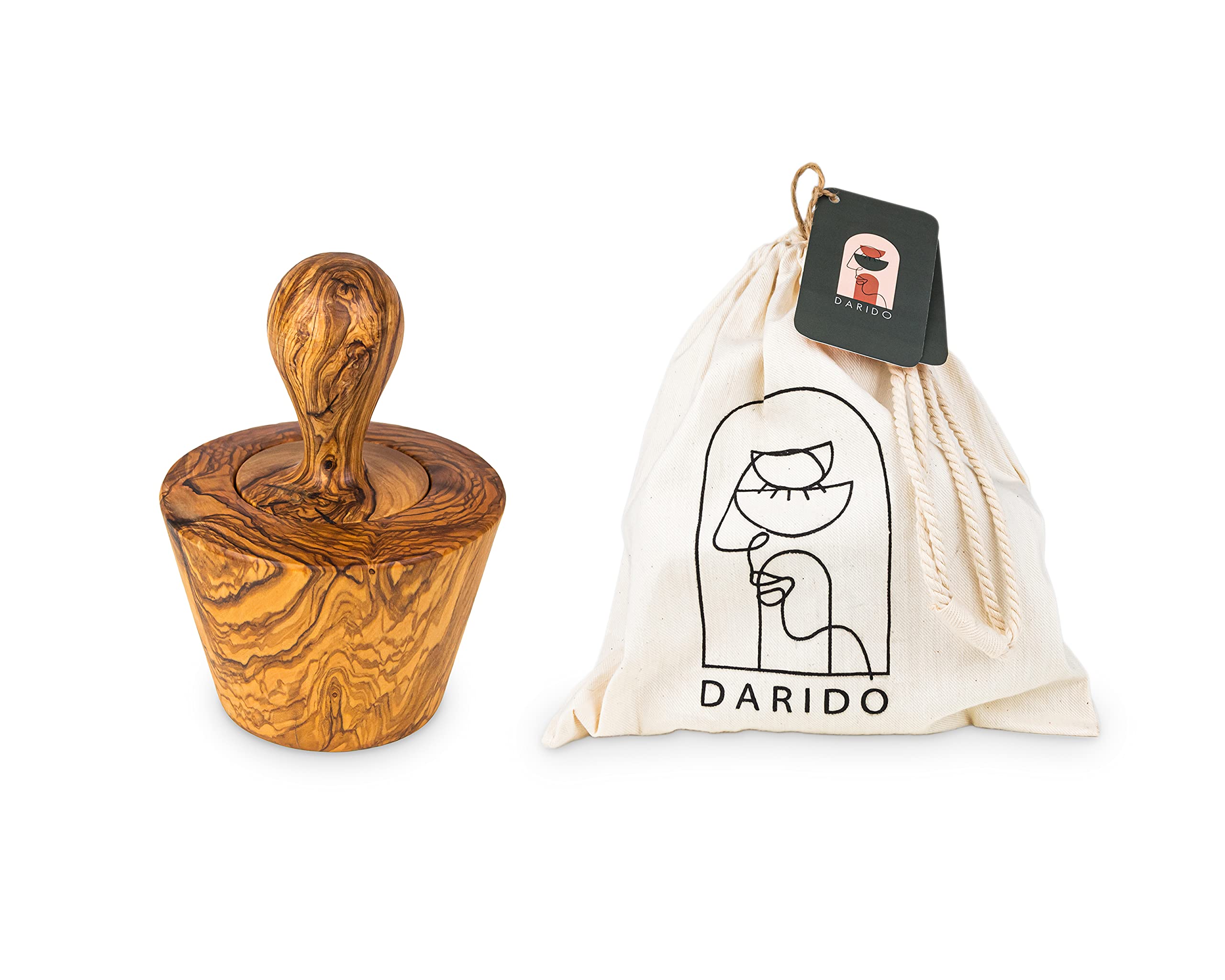 DARIDO Natural Olive Wood Mortar and Pestle Set - 18 x 12 cm - Handmade Spices and Herbs Grinder, Wooden Mortar with Pestle, Nuts Smasher Bowl, Garlic Press, Kitchen Essentials, Rustic Decor and Gift