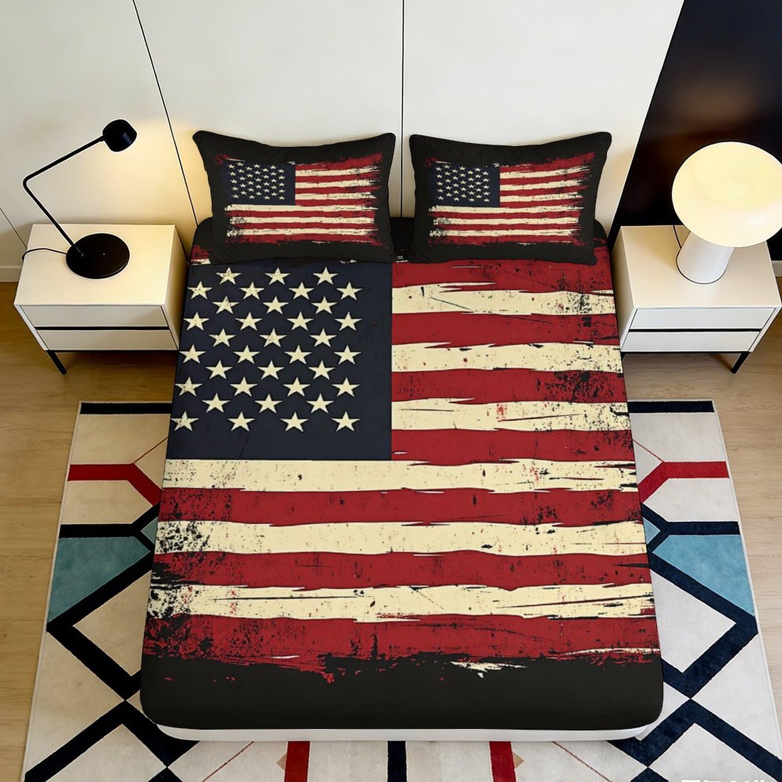 3D Printed Vintage American Flag Fitted Sheet Microfiber Soft Durable Patriotic Bed Cover for Bedroom Dormitory Guest Room Mattress Protection 120x200x25cm