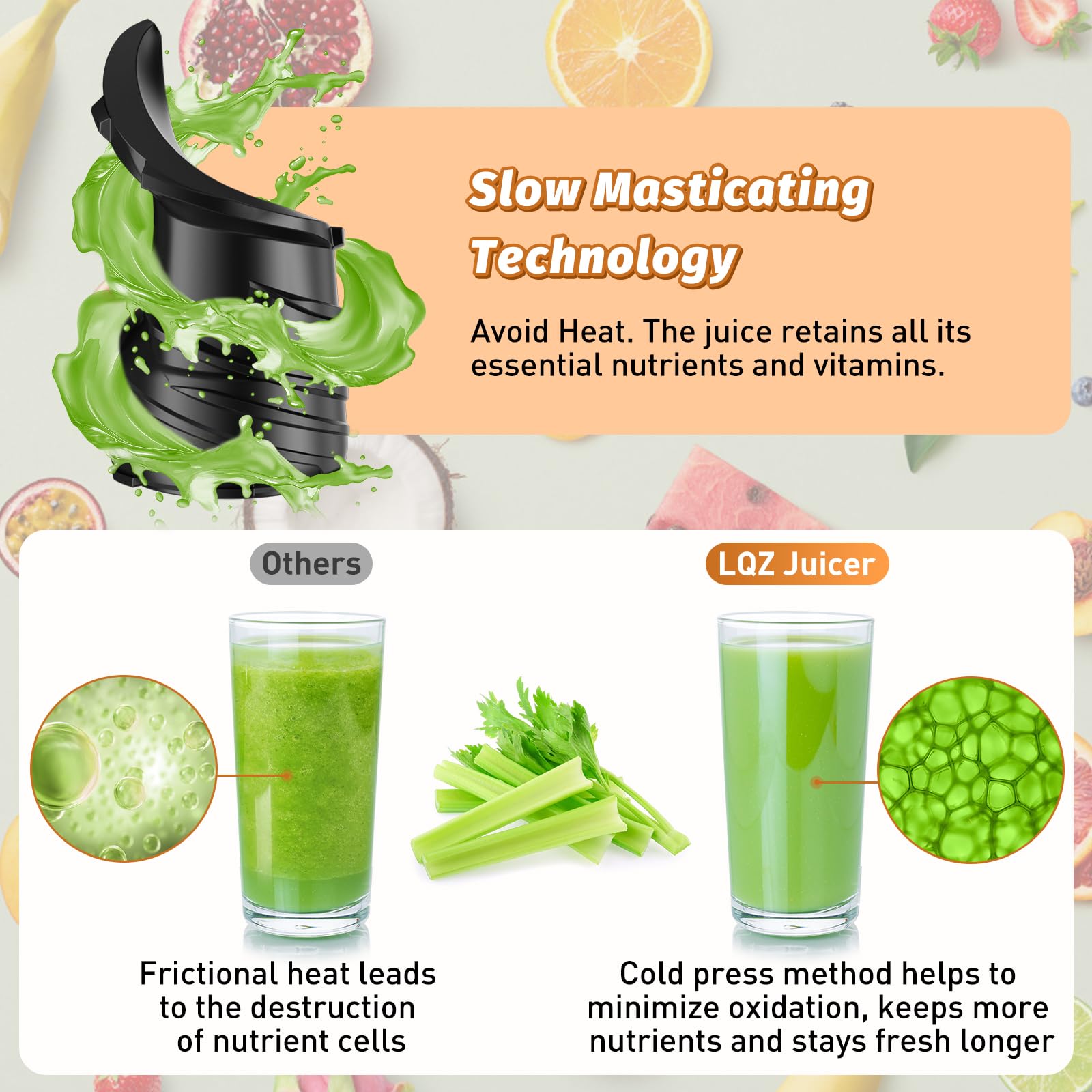 Cold Press Juicer, Juicer Machines with 5.4" Wide Feed Chute for Juice Extractor, Slow Masticating Juicer for Vegetables & Fruits with High Juice Yield, Easy to Clean (Black)