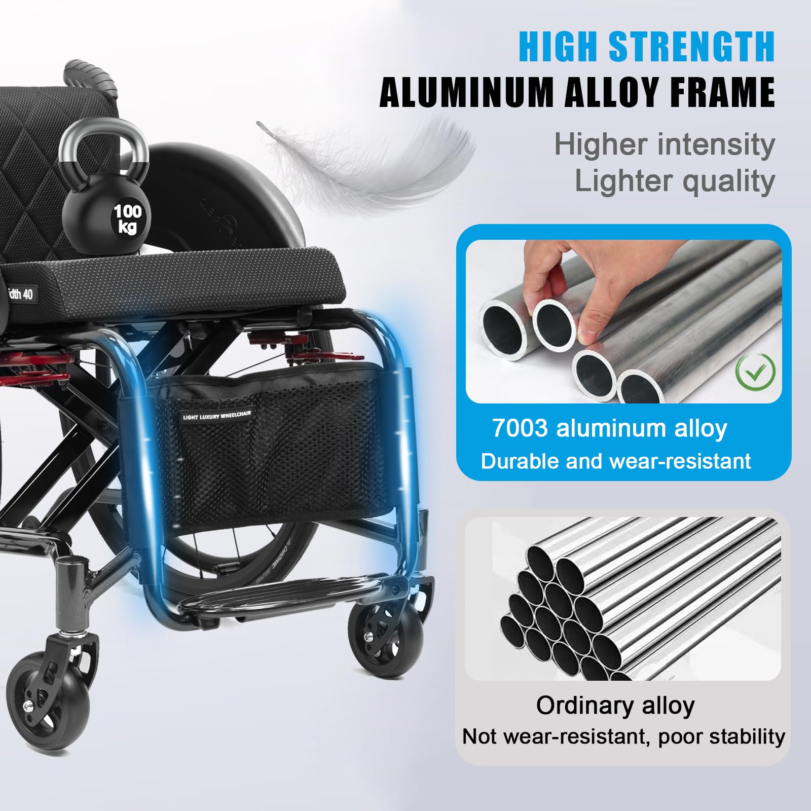 Silla de Ruedas plegable Ultra-ligera de aluminio con freno,Silla De Ruedas Deportiva, Ruedas extracción con un botón,Silla de Ruedas Autopropulsable para Adultos(Seat width 42cm/16.5in,B)