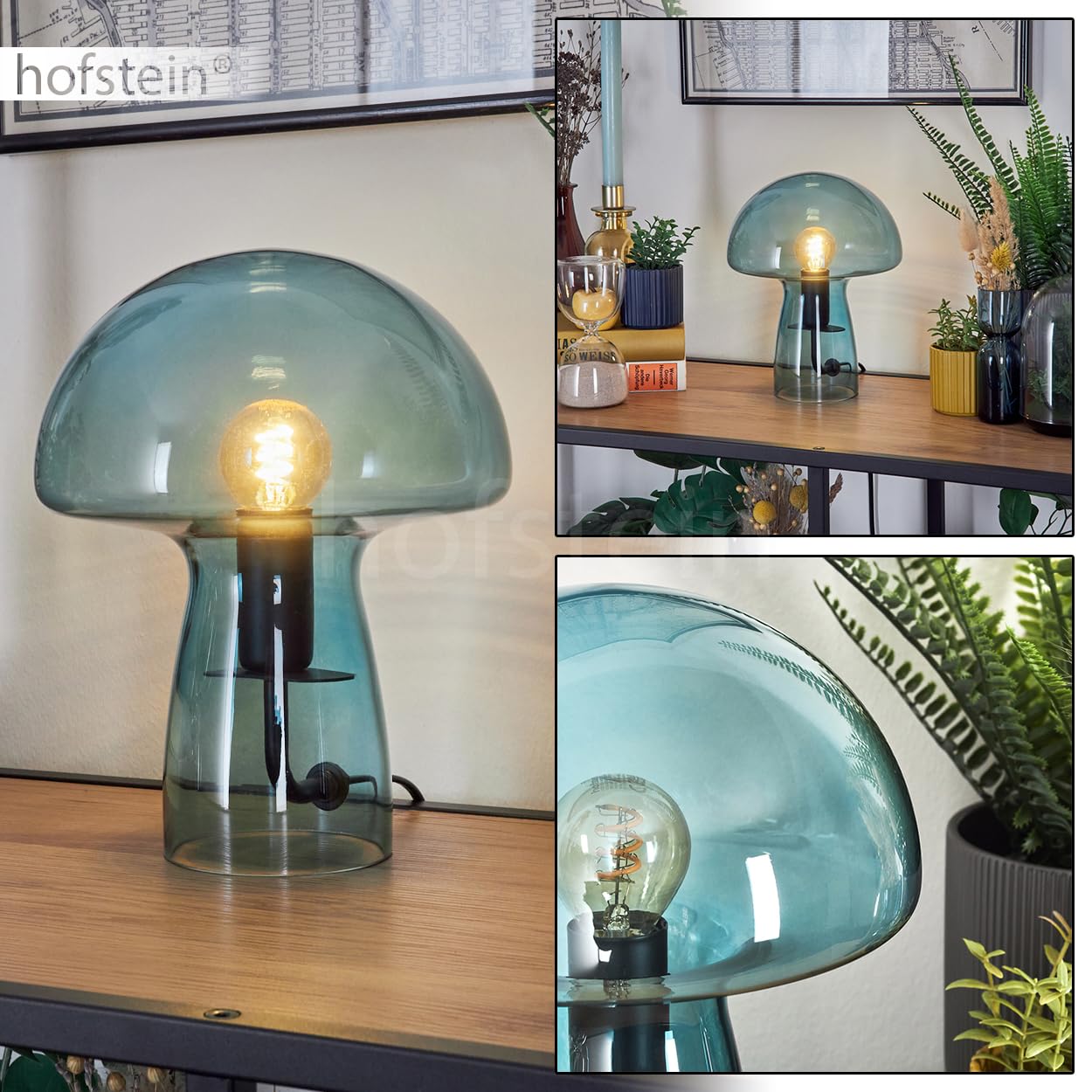 HOFSTEIN Tischleuchte Almagre, Tischlampe aus Metall/Glas in Schwarz/Blau, Leuchte im modernen Vintage/Retro-Design mit Schirm aus Glas, Ø 18cm, An/-Auschalter am Kabel, E14, Wohnzimmer, Schlafzimmer