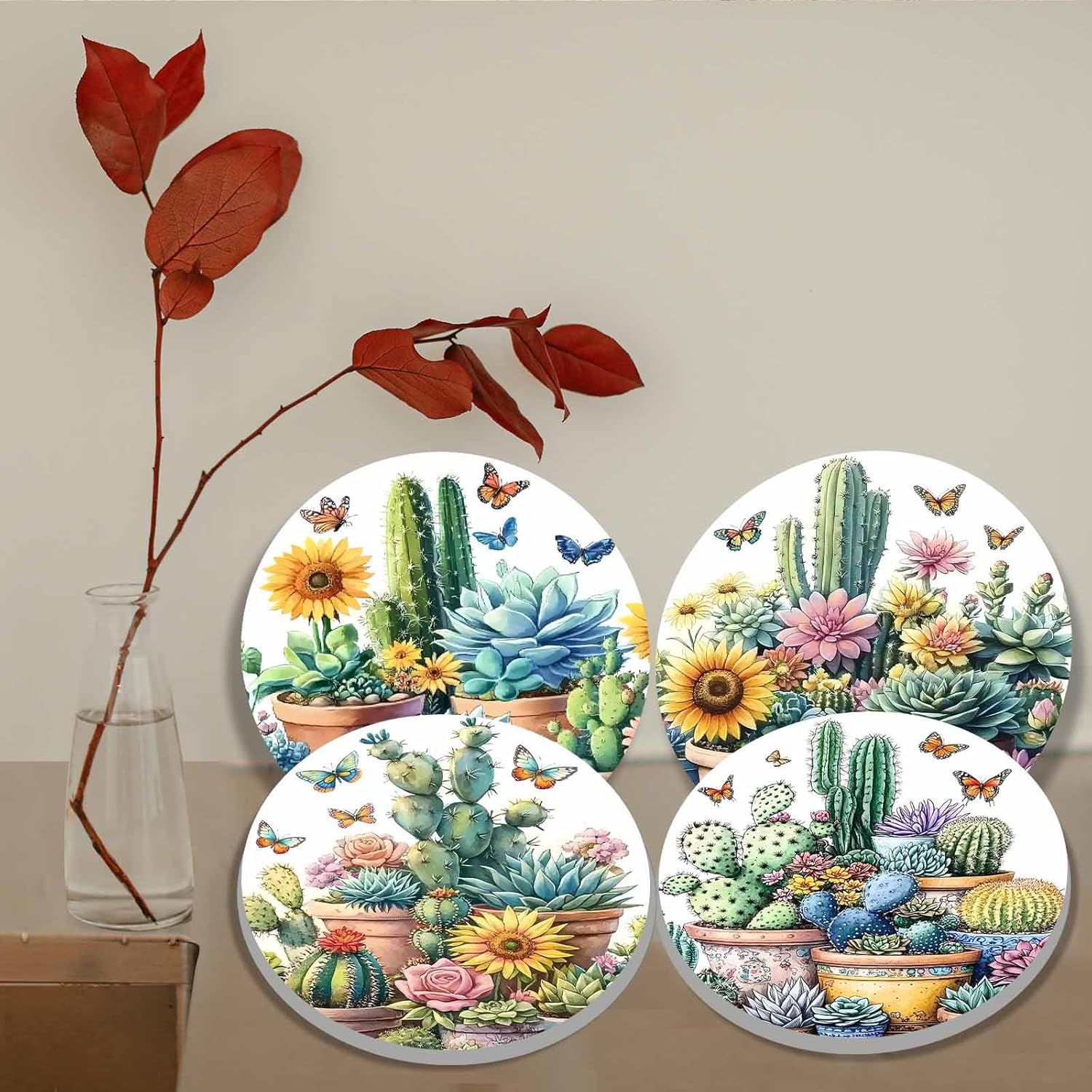 TUMOVO Tropical Green Leaves Art Burn Covers for Electric Stove Kitchen Decor Succulent Plant /Houseplant Pattern Round Burner Garden Flowes Metal Gas set of 4 Gift(White) 10''Wx10'H