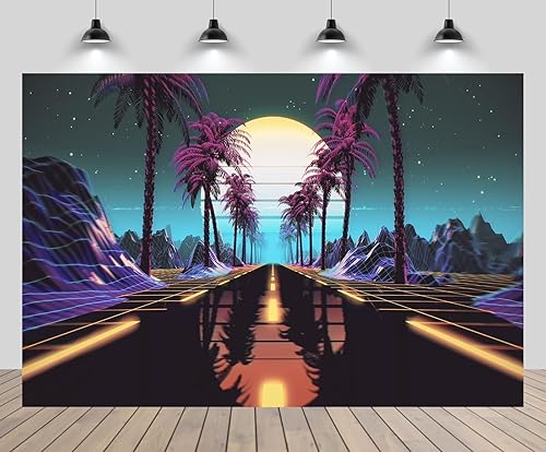 5x3ft Retro Futuristic 80s Backdrop Retrowave Neon Lights Road Tropical Trees Mountain Sun Starry Sky Background Cyberpunk Video Game Punk Birthday