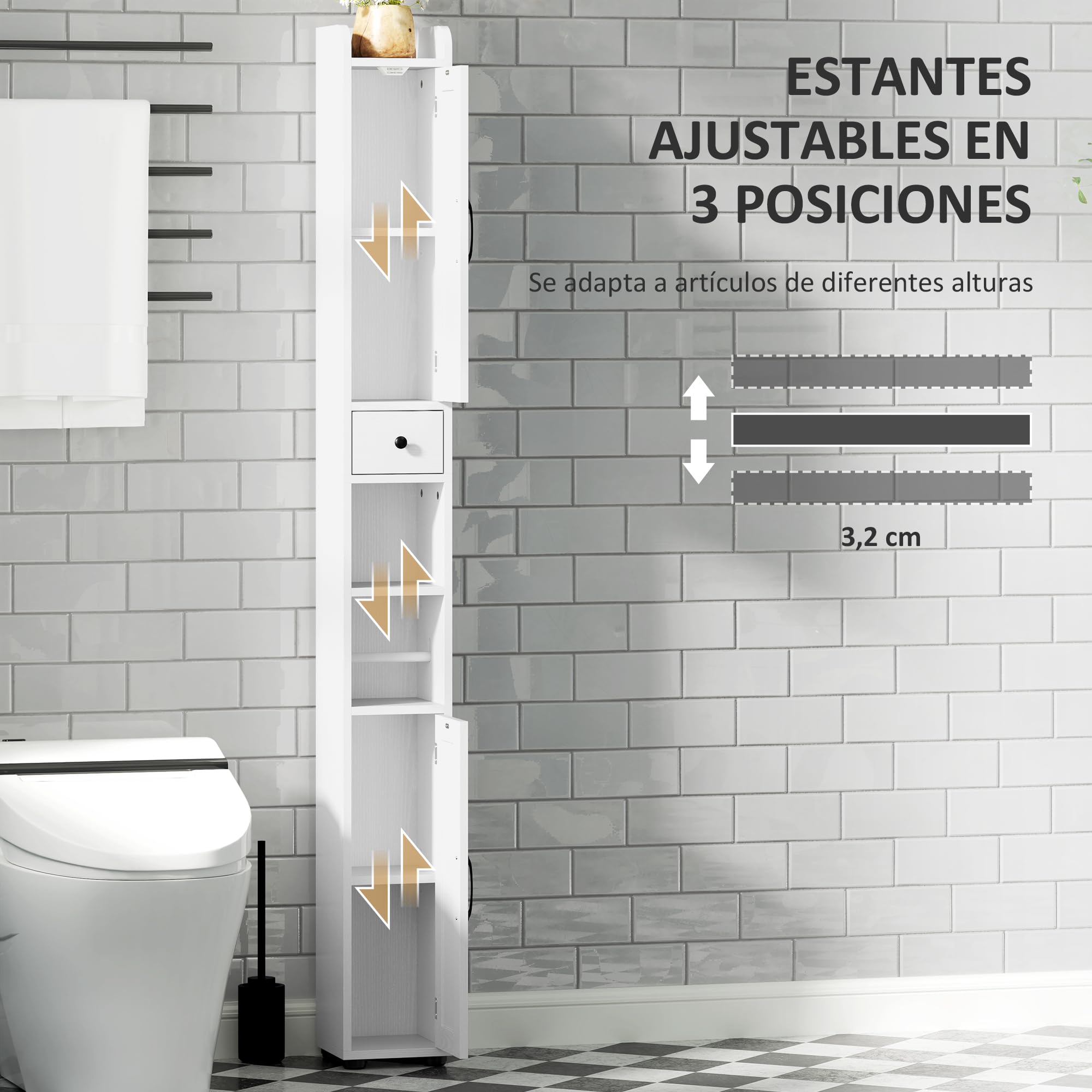 HOMCOM Columna de Baño Estrecha con 2 Puertas Armario Alto de Baño Rústico con Cajón Compartimento Abierto Estantes Ajustables y Portarrollos 20x20x185 cm Blanco