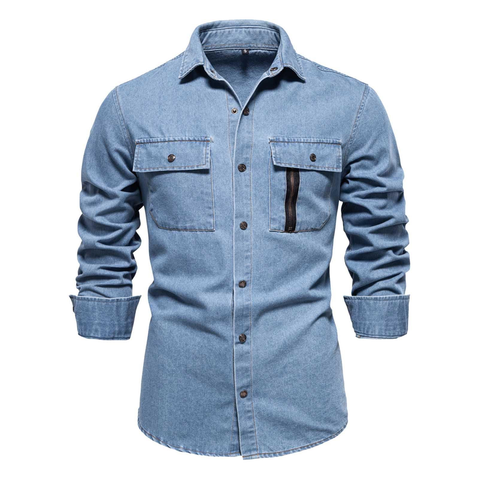 Generisch Camicia in jeans da uomo a maniche lunghe, con colletto rovesciato, classica, a maniche lunghe, comoda camicia da lavoro, con bottoni, per il tempo libero, traspirante, leggera, tinta unita