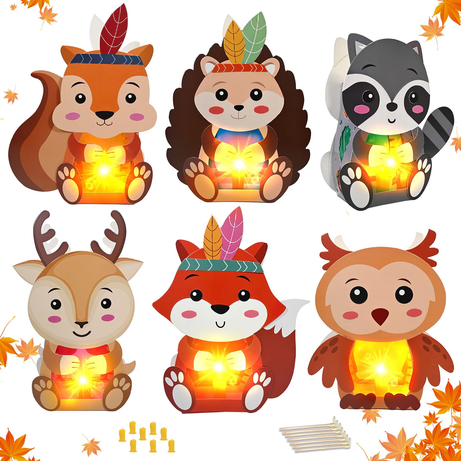 Laternen Bastelset Kinder Herbst, 6 DIY St Handheld Laterne Kit den Kindern | Basteln Sankt Martin zum Hedgehog, Fox, Elk, Squirrel, Raccoon, Owl mit Laternenstab