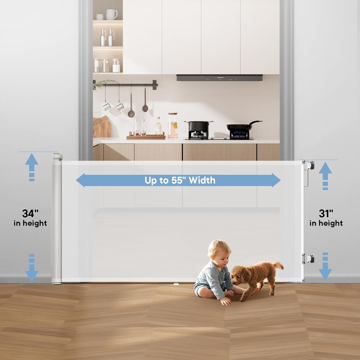 Retractable Baby Gate, 55" Wide Mesh Pet Gate with Anti-Crawling Hook, Safety Lock, One-Hand Operation, 34" Tall Baby Gate for Stairs, Doorways, Hallways, Garage, Indoor Outdoor, White White 55"x34"
