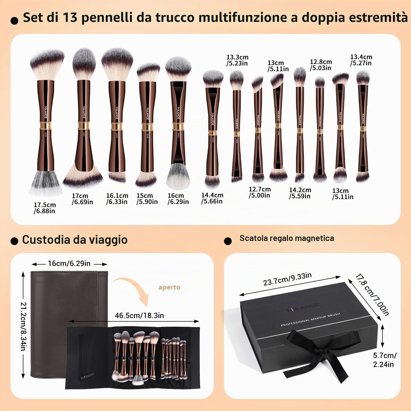 MAANGE Set di pennelli da trucco con custodia, pennelli da trucco a doppia punta, per fondotinta, contorni, cipria, correttore, ombretti, crema, cosmetici, blush, strumenti per il trucco (marrone