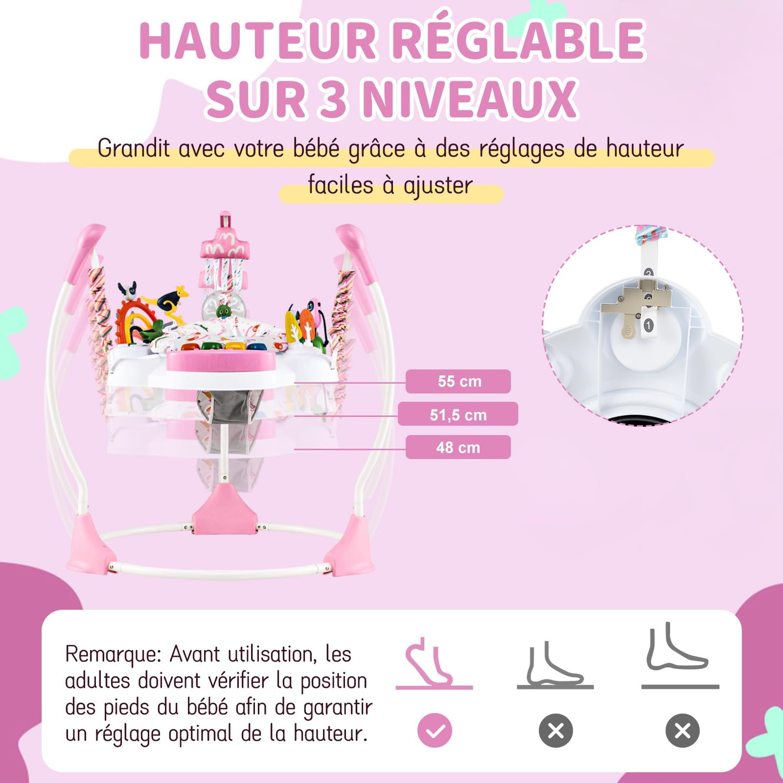 COSTWAY Aire d'éveil à Rebonds Bébé avec 6 Jouets Interactifs et Plateau Musical, Jumperoo Jungle Trotteur Bébé avec Musique et Lumière, 3 Hauteurs Réglables, Siège Rotatif 360° pour 6 Mois+ (Rose)
