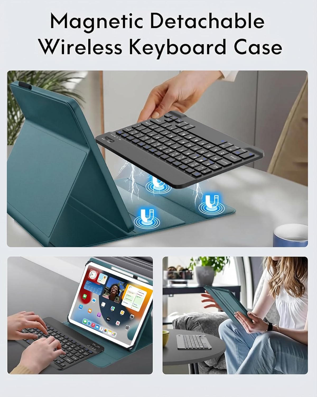 Universal Tablet Keyboard Case for 9",9.7",10.1",10.2",10.5",10.9",11" Tablets, Rechargeable Wireless Bluetooth Keyboard, Smart Folio Leather Cover with Stretch Strap for Android/iOS/Windows Tablet