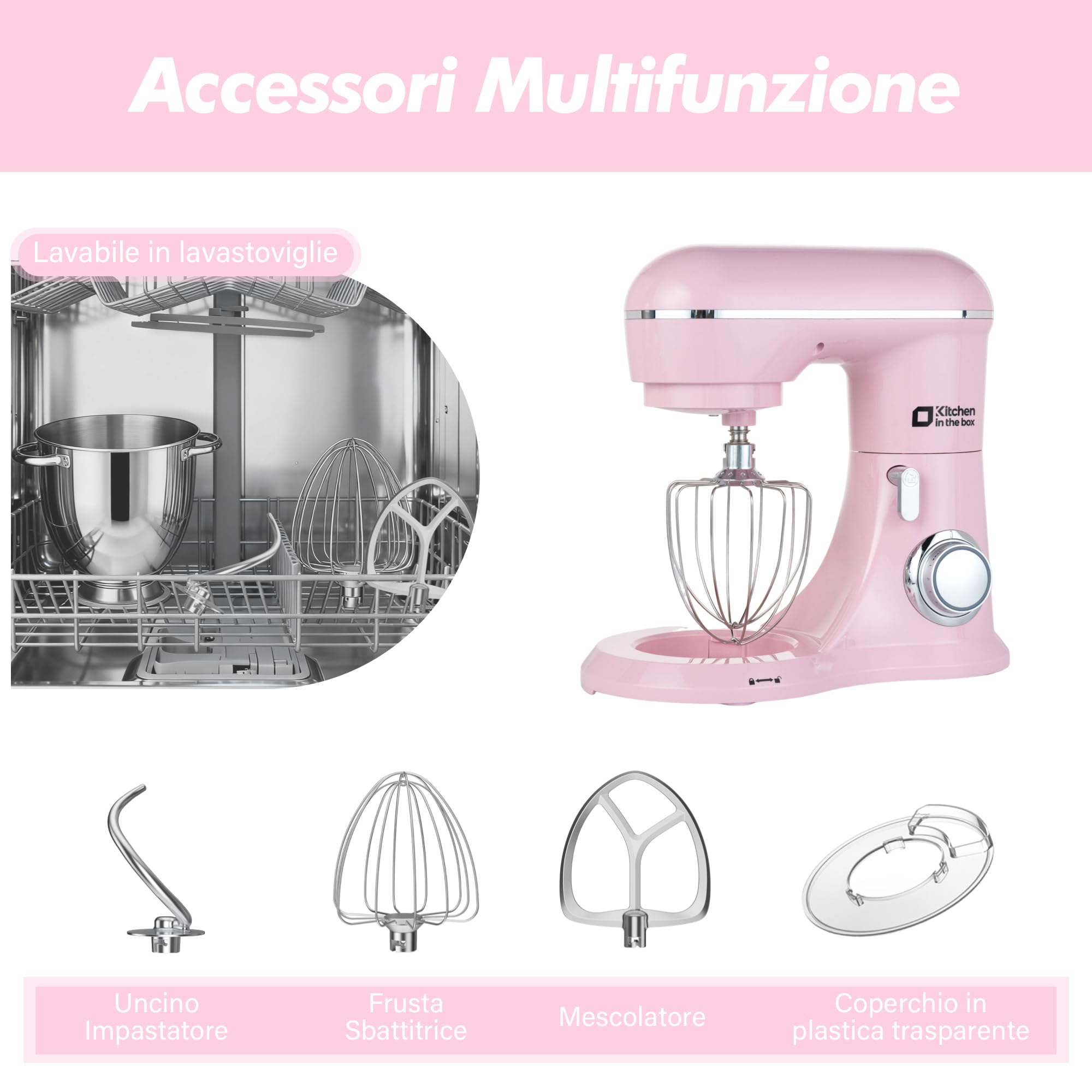 Kitchen in the box Impastatrice Planetaria, 6L Planetaria Professionale 1400W, 10 Velocità con Uncino Impastatore, Mescolatore e Frusta Sbattitrice (Rosa)