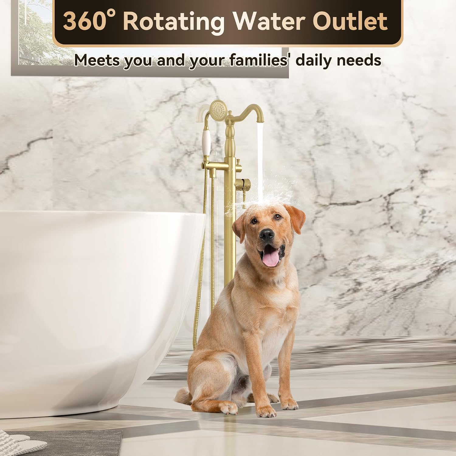 SUPERFLO Freestanding Bathtub Faucet Brushed Gold Tub Fillers Freestanding, Brass Free Standing Tub Faucet Floor Mounted With Ceramic Retro Hand Shower & Water Hose image 4