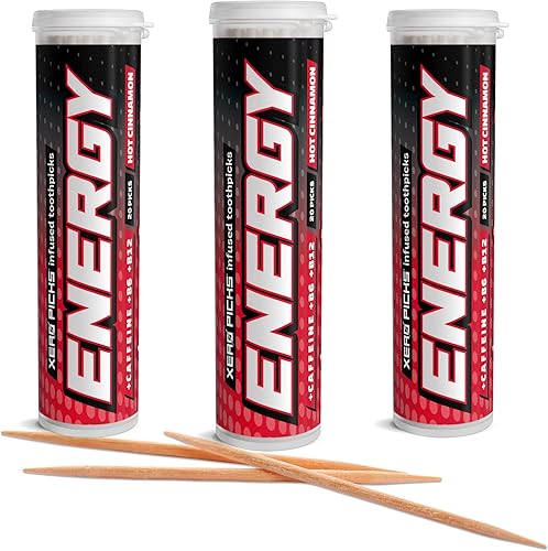 Xero Picks Palillos de dientes con sabor energético con cafeína, púas B12 y B6-60 (paquete de 3 unidades, canela)