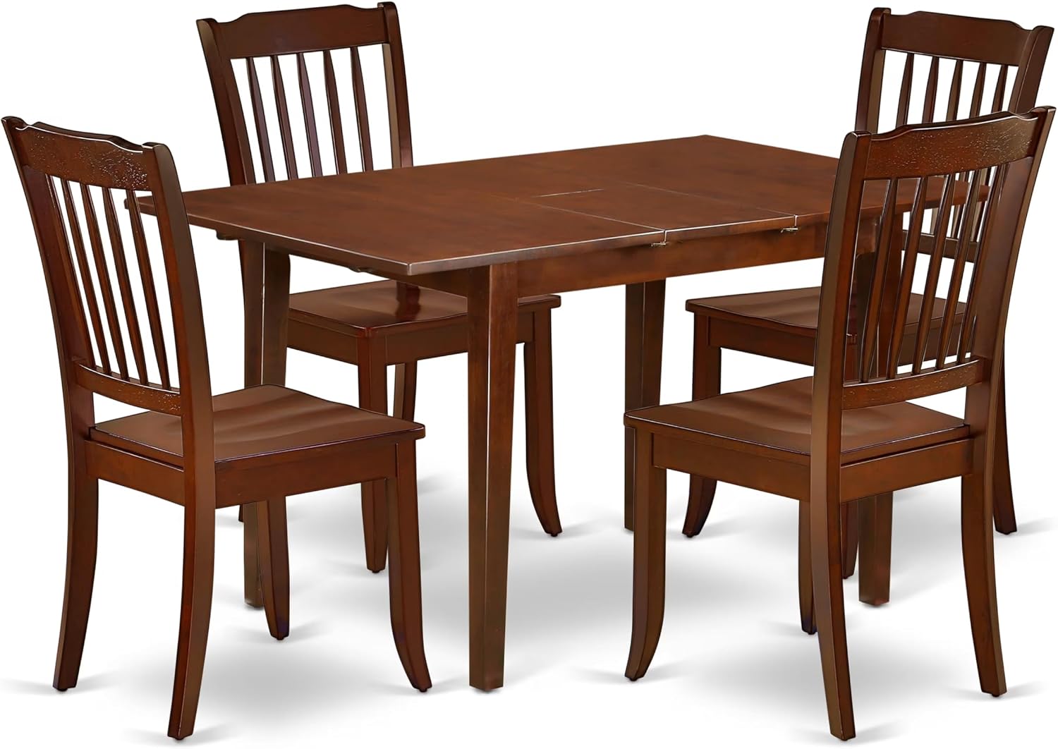 East West Furniture NODA5-MAH-W 5 Piece Dinette Set for 4 Includes a Rectangle Dining Room Table with Butterfly Leaf and 4 Dining Chairs, 32x54 Inch, Mahogany