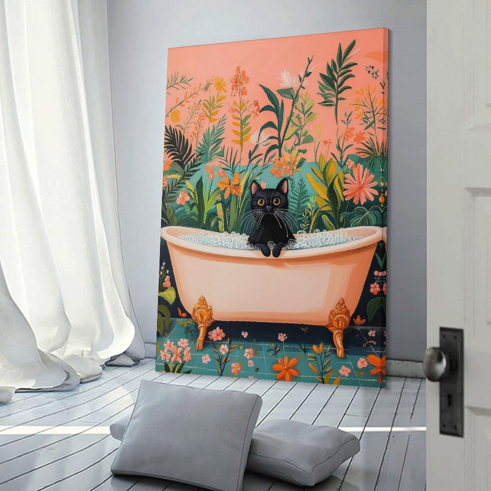 Junmoney Black Cat in A Tub Canvas Wall Decor 16x24inch(40x60cm), for Study, Office Or Focused Interiors, Wall Art That Adds Style to Work Areas