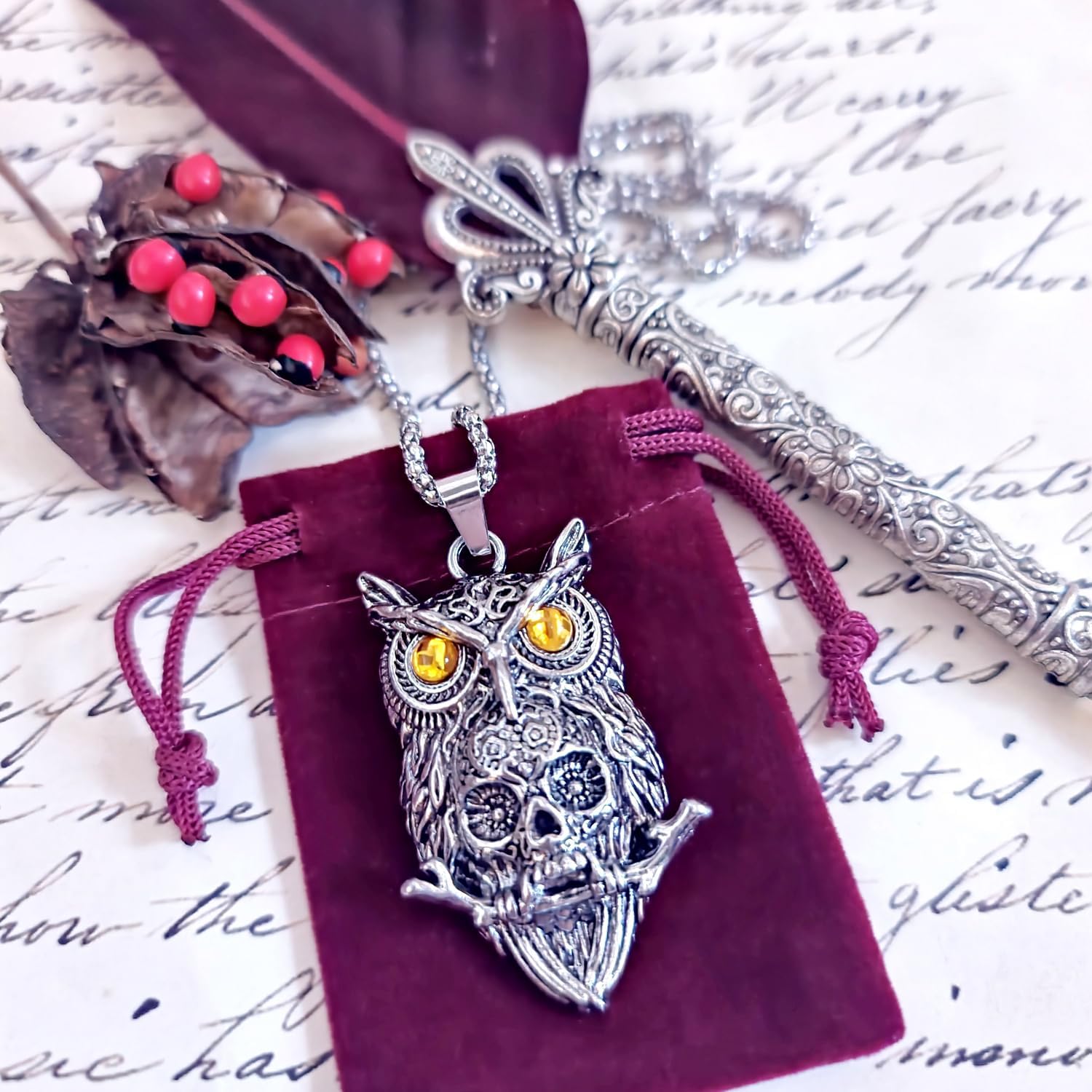 7Dots Art Owl with yellow eyes and a skull Pendant Necklace with 20 inches chain - Image 2