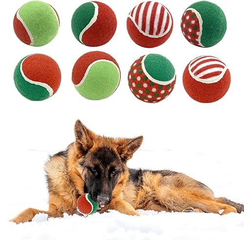 Vehomy Pelotas de tenis de Navidad para perros, 8 unidades, pelota de tenis chirriante, juguete interactivo para cachorros verdes y rojos, juguetes