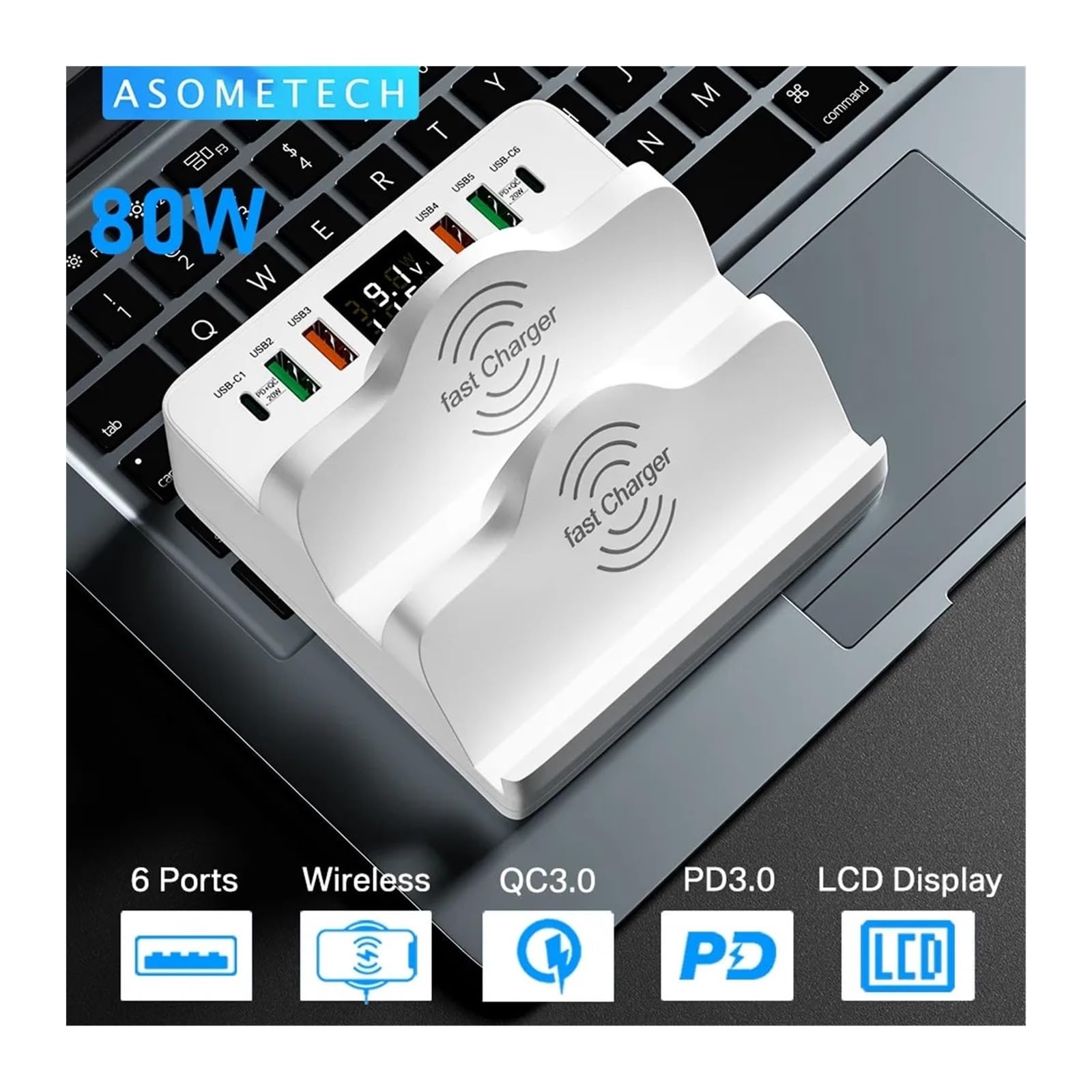 Cargador para múltiples dispositivos, estación del cargador USB de los puertos 80W 6 con el cargador rápido inalámbrico dual del paladio de la carga 3.0 del soporte Carga rápida con múltiples puertos