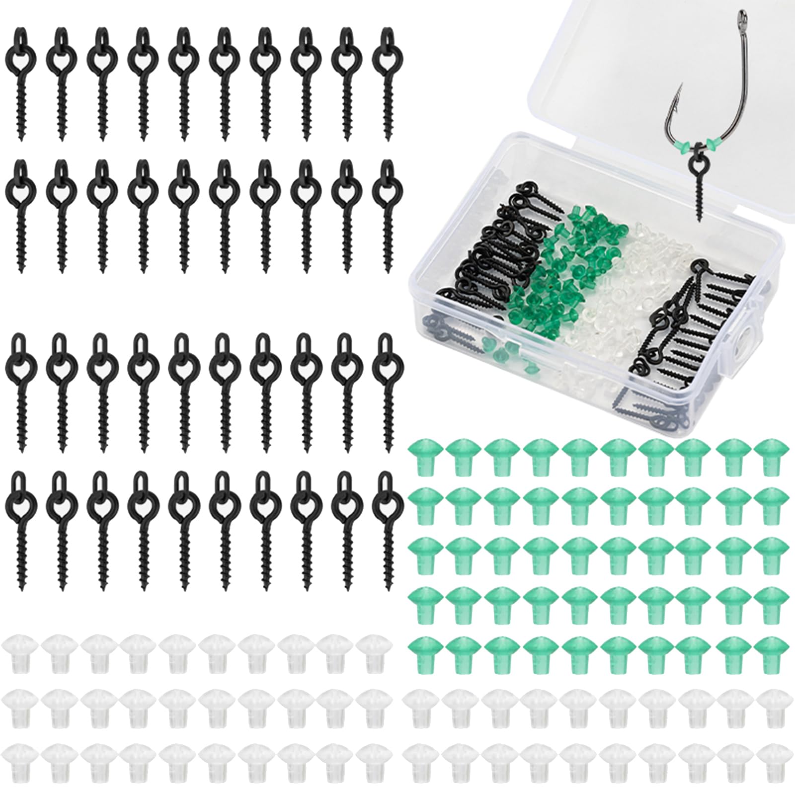 SF 140PCS Bait Screws Set for Carp Fishing, 40PCS Bait Screws with Oval/Round Link Loop, 100PCS Hook Stops Rubber Shank Beads Fishing Terminal Rig Tackle