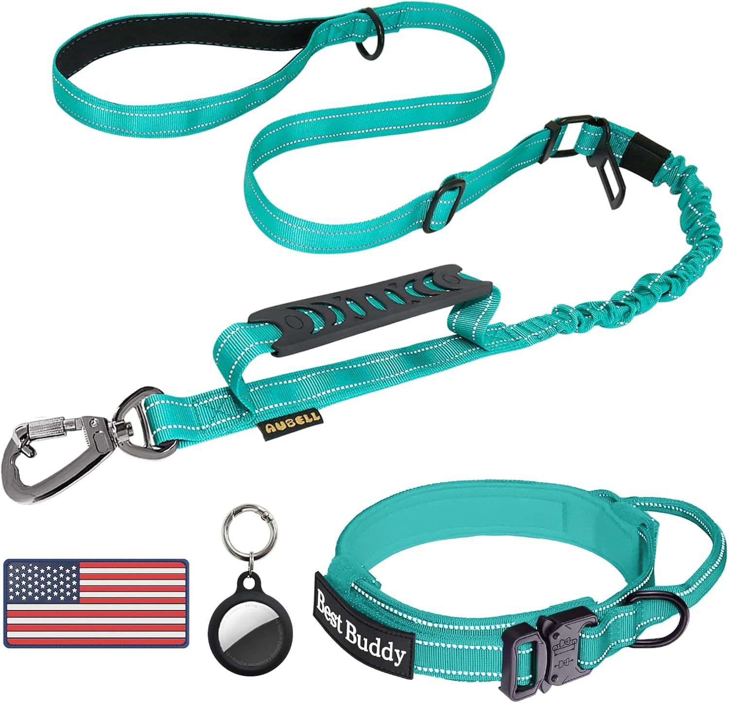 AUBELL Tactical Dog Collar and Leash Set for Medium Large Dogs(Teal, M)