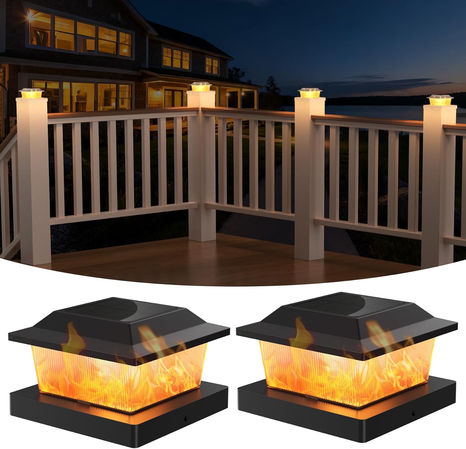 Solar Post Cap Lights, 2 Pack Outdoor Flickering Flame Light Fit for 3.5x3.5 4x4 5x5 Vinyl/Wooden Post, HIGT Brightness SMD LED Decor for Garden/Blackyard - Black