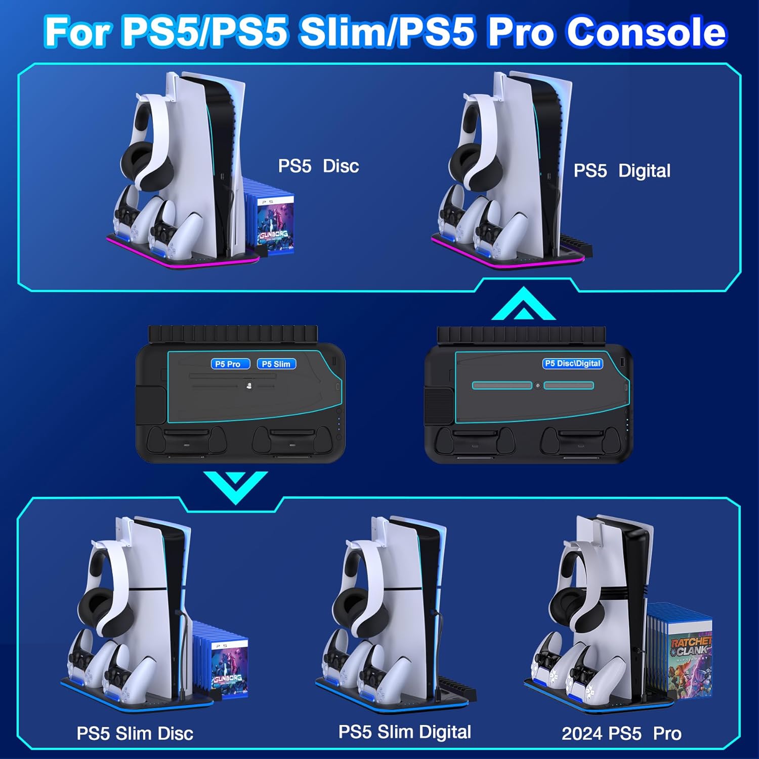 Kawaye PS5/Slim/Pro Stand and Cooling Station for PlayStation 5 Consoles, PS5/Pro/Slim Accessories with 3-Level Cooler Fan, PS5 Controller Charger, Cooling Satnd, Headset Holder, 15 Game Slots, Black - Image 2