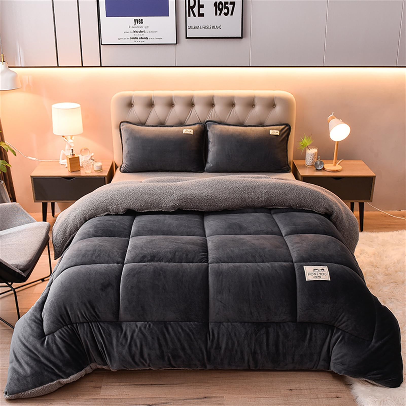 Dicke Bettdecke, Winter Steppdecke, Dicker Lamm-Kaschmir, Doppelseitige Samt Decke, Flauschige Kaschmir-Steppdecken, Winterwarm, Kern Aus Lammsamt, Plüsch Winterdecke (Dark grey,200x230cm - 4KG)