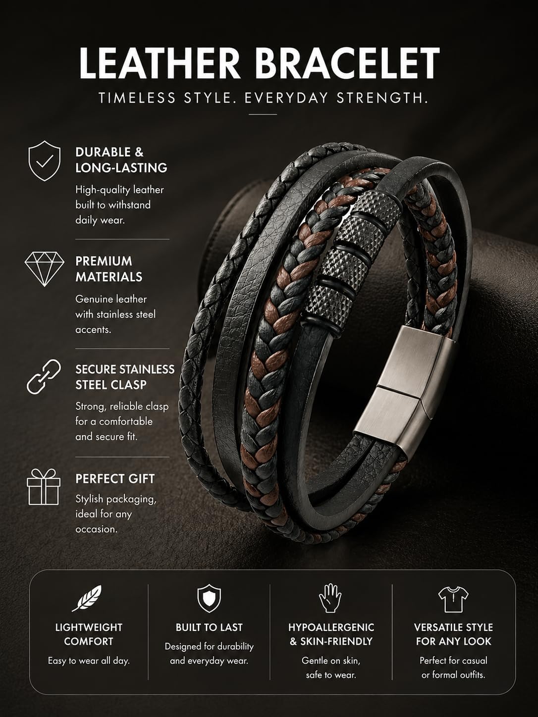 Men’s Leather Bracelet with 316L Stainless Steel Buckle – Braided Multi‑Layer Wristband Cuff Gift for Men Black/Gold Plated/White Gold Plated Size 8.3″/9″