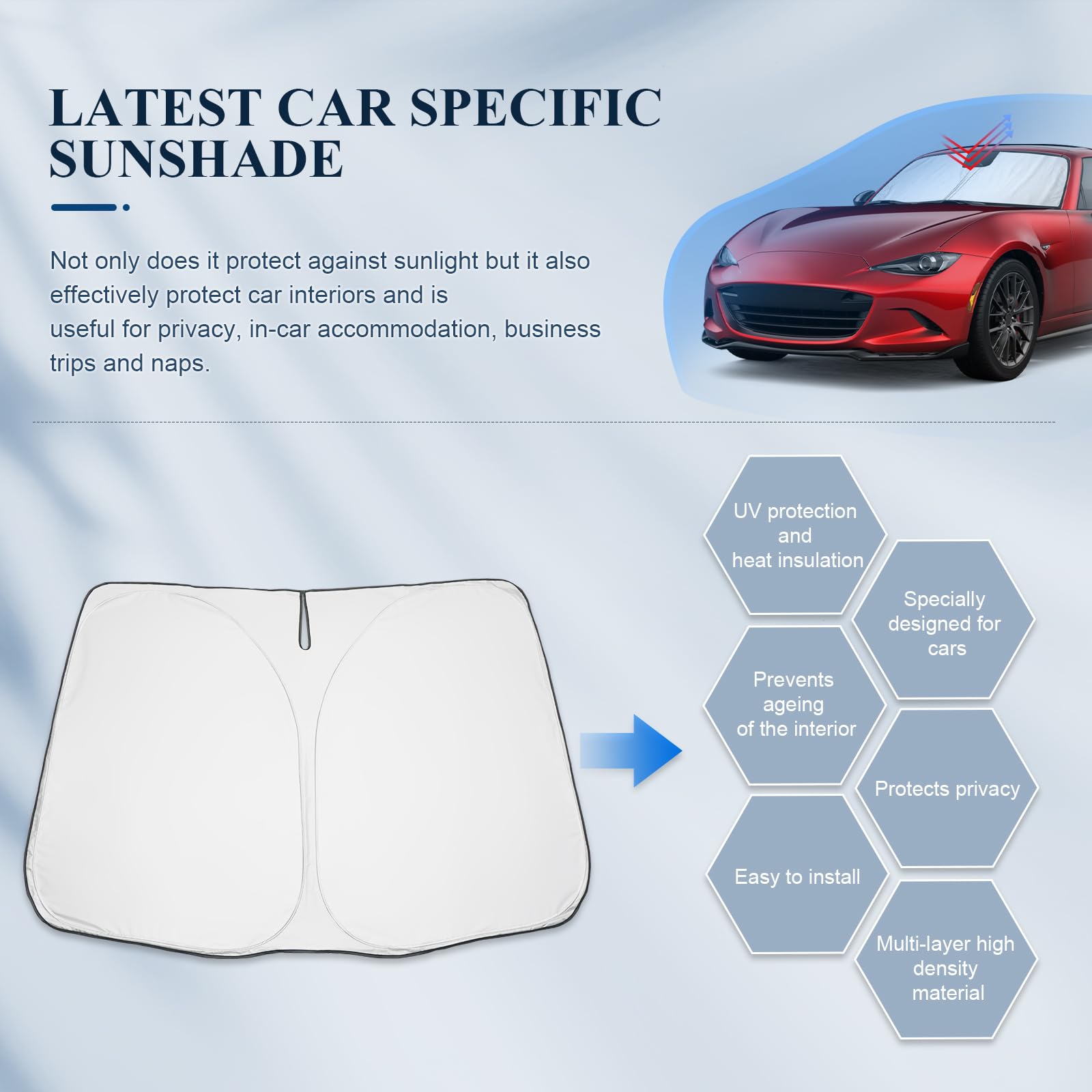 BIBIBO Osłona przedniej szyby kompatybilna z Mazda MX-5 MX5 2015-2025, składana ochrona przed słońcem, ochrona przed promieniowaniem UV, ochrona przed wysoką temperaturą, osłona przeciwsłoneczna na
